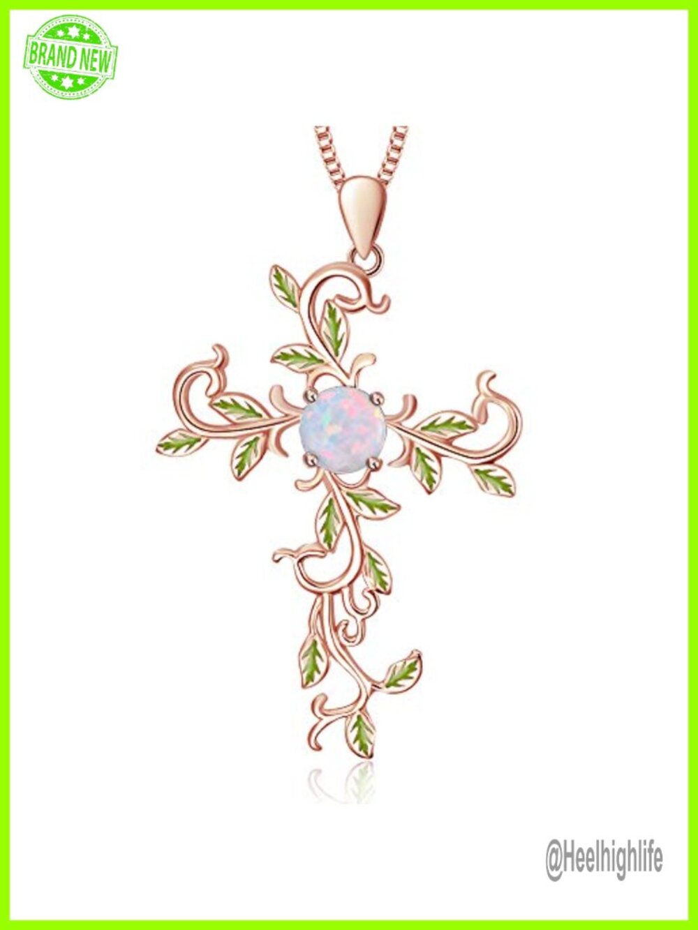 SOULMEET Cross Pendant Necklace 925 Sterling Silver Simulated Opal White Gold